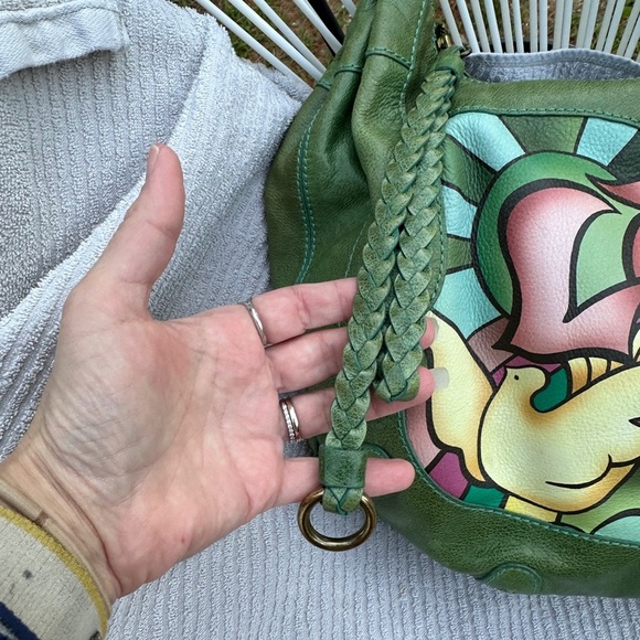 Isabella Fiore Love Dove Tattoo Bag Green Leather Hand Painted Signed HTF RARE - Picture 4 of 14